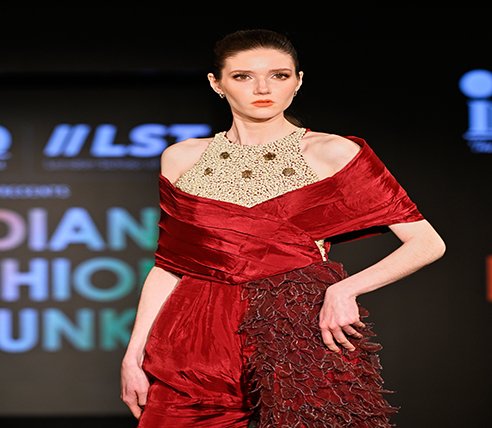 NEW YORK, NEW YORK - FEBRUARY 09: A model walks during the Inifd + London School Of Trends At New York Fashion Week Fall 2024 powered by Art Hearts Fashion at The Angel Orensanz Foundation on February 09, 2024 in New York City. (Photo by Arun Nevader/Getty Images for Art Hearts Fashion)