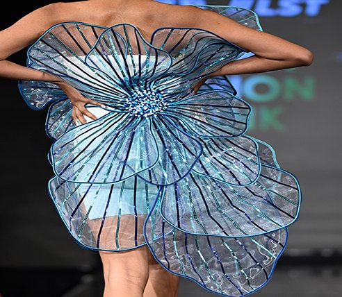 NEW YORK, NEW YORK - SEPTEMBER 09: Tie Rosey, clothing detail, walks the runway at the INIFD + London School of Trends show during New York Fashion Week Powered by Art Hearts Fashion at The Angel Orensanz Foundation on September 09, 2023 in New York City. (Photo by Arun Nevader/Getty Images for Art Hearts Fashion)
